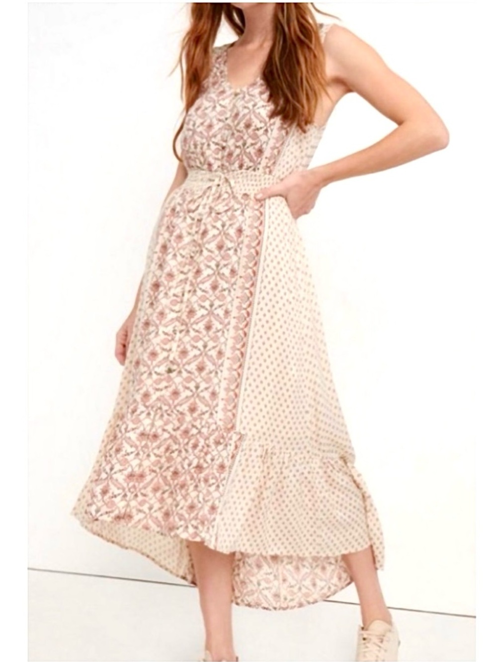 Lucky Brand Pink & Cream Border Print High-Low Hem Felice Dress Size XS NWT